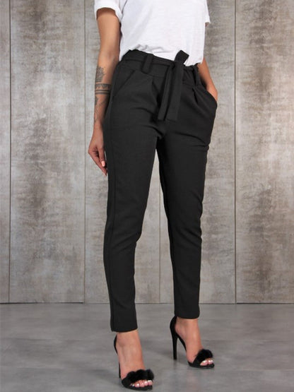 Valérie - Kalhoty slim fit z hedvábného šifonu s elastickým pasem a lemováním v pase