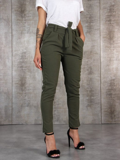 Valérie - Kalhoty slim fit z hedvábného šifonu s elastickým pasem a lemováním v pase