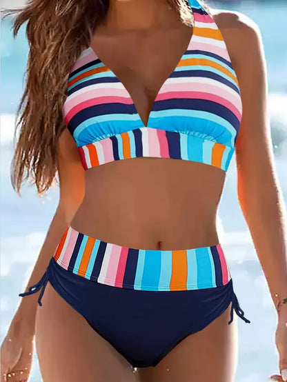 Bikiny do půlky těla s barevným pruhovaným potiskem a šňůrkou na zavazování