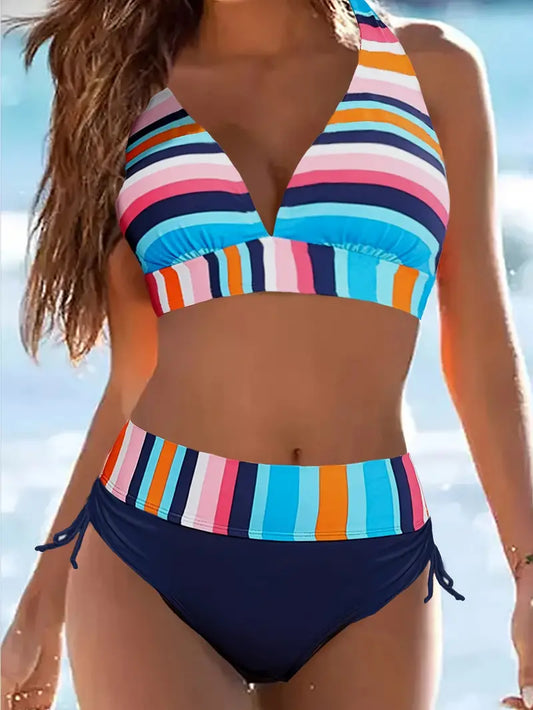 Bikiny do půlky těla s barevným pruhovaným potiskem a šňůrkou na zavazování