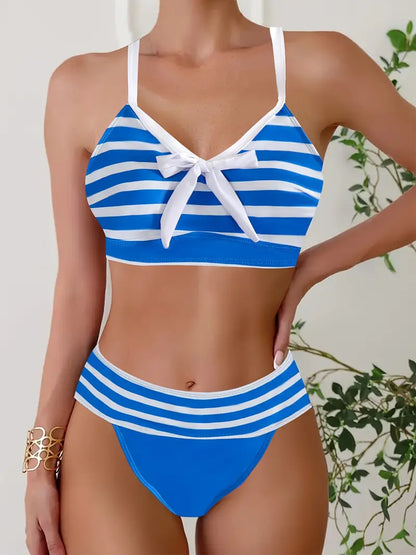 Sexy bikiny s pruhovaným potiskem a mašlí s výstřihem do V