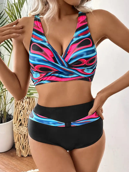 Módní a elegantní bikiny s náhodným potiskem a výstřihem do V