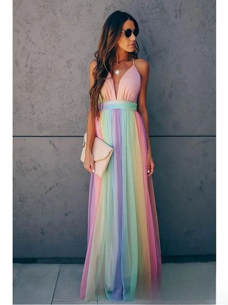 dámské volné dlouhé šaty s elegantním hlubokým výstřihem