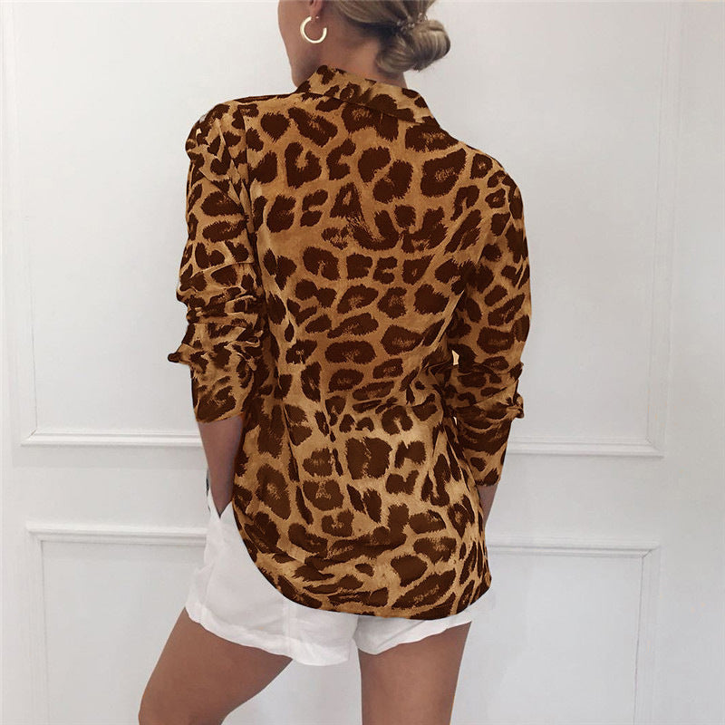 Kassie - Elegantní halenka s dlouhým rukávem a leopardím vzorem Turn Down Collar