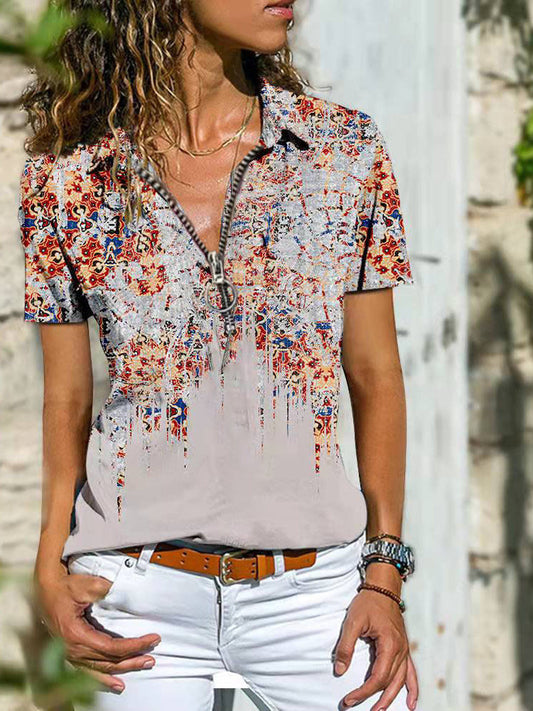 LD Bohemian West Ethnic Zip Top tričko s krátkým rukávem