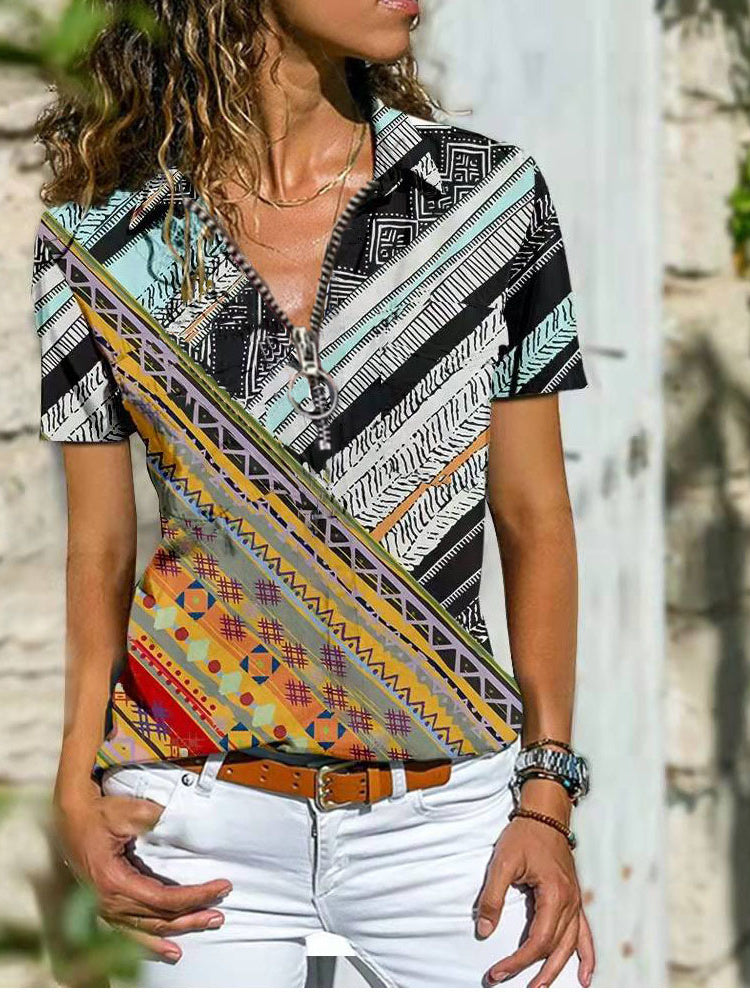 LD Bohemian West Ethnic Zip Top tričko s krátkým rukávem