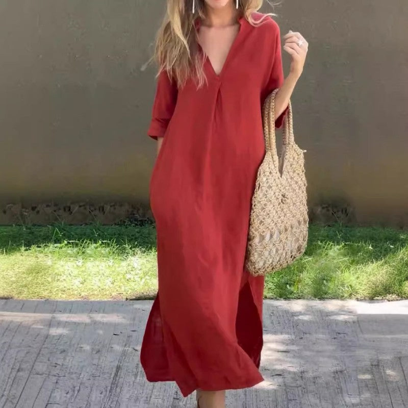 Elegantní dlouhé šaty s výstřihem do V a bočním rozparkem