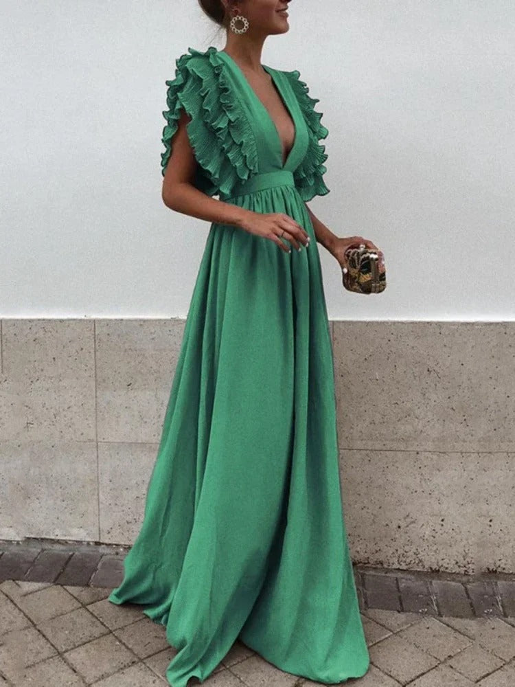 Helena - Elegantní šaty s výstřihem do V a nařasenými rukávy